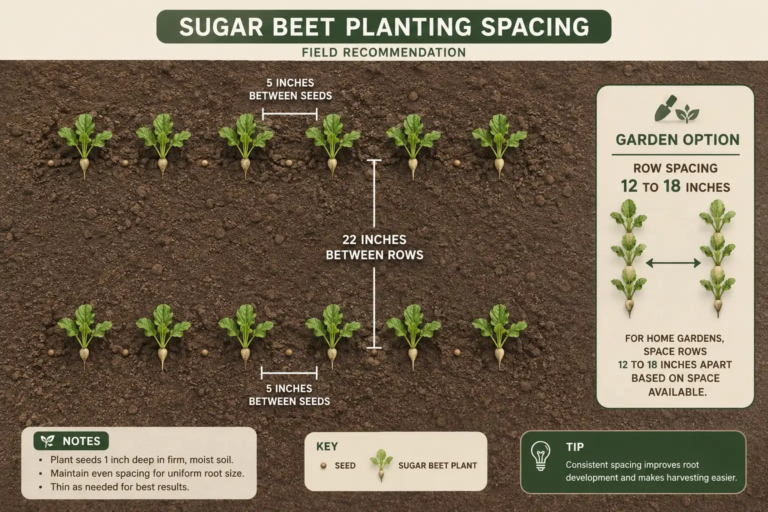 Diagram of sugar beet spacing with 22 inch rows and 5 inch in-row seed spacing plus a garden spacing option