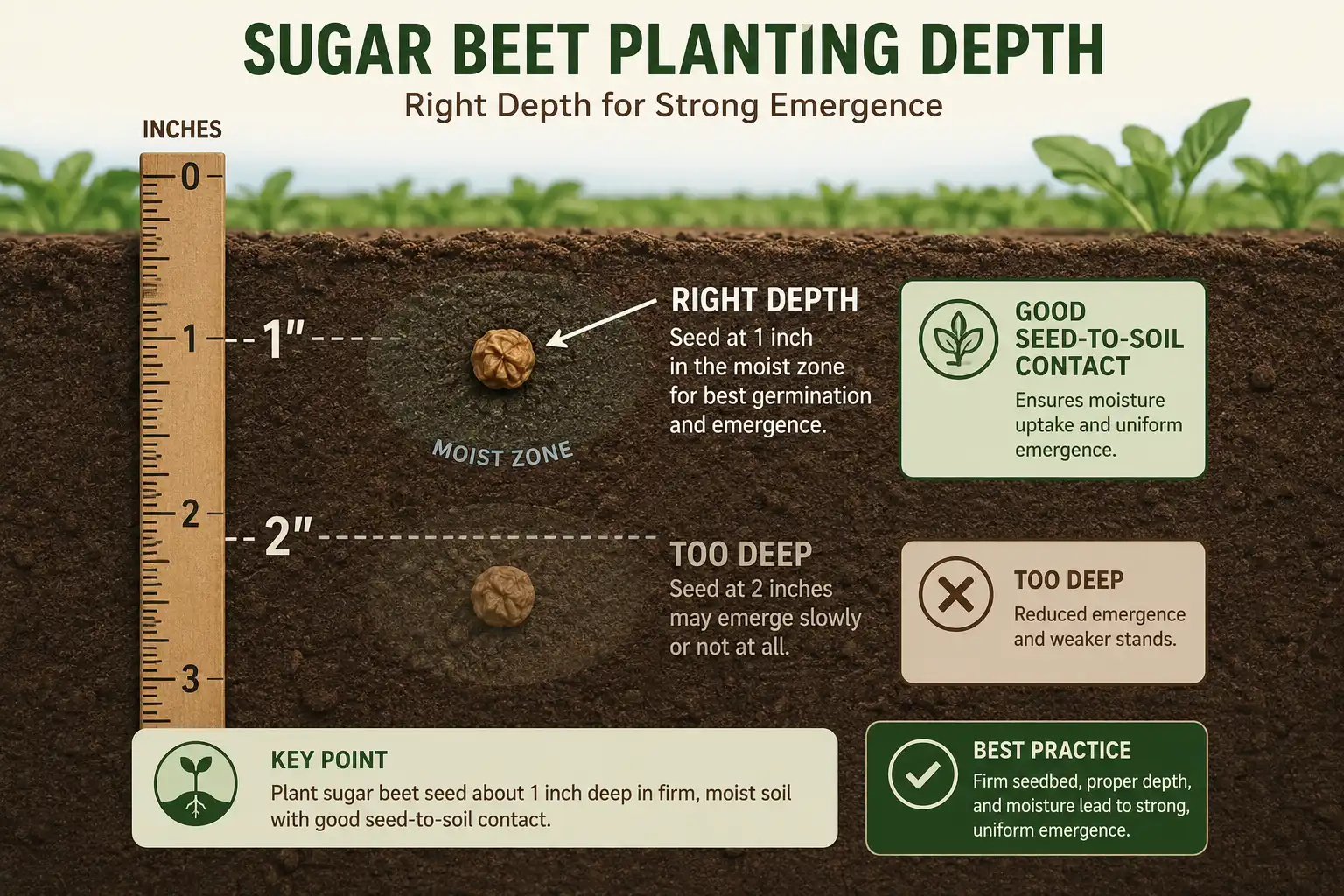 Cross-section about a sugar beet seed at one inch depth in the moisture zone next to a too-deep seed at two inches