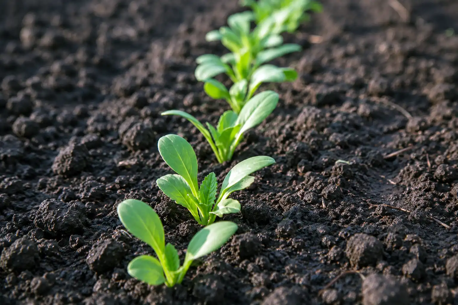 Sugar beet seedlings emerging with green cotyledons in an even, weed-free row after planting