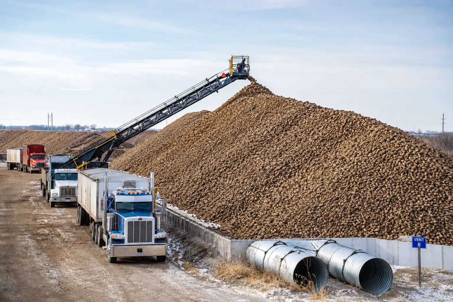 Towering outdoor sugar beet storage pile at a piling station with trucks unloading