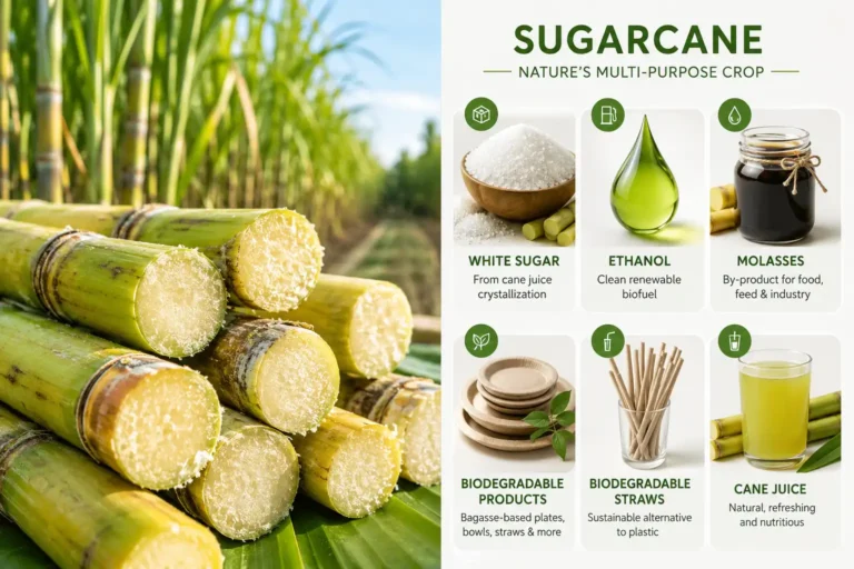 Sugarcane used for sugar, ethanol, molasses, bagasse products, and juice beside cut cane stalks.