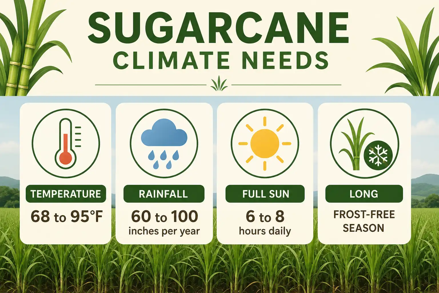 Infographic about the climate sugarcane grows in, including warm temperatures, heavy rainfall, full sun, and a long frost-free season.