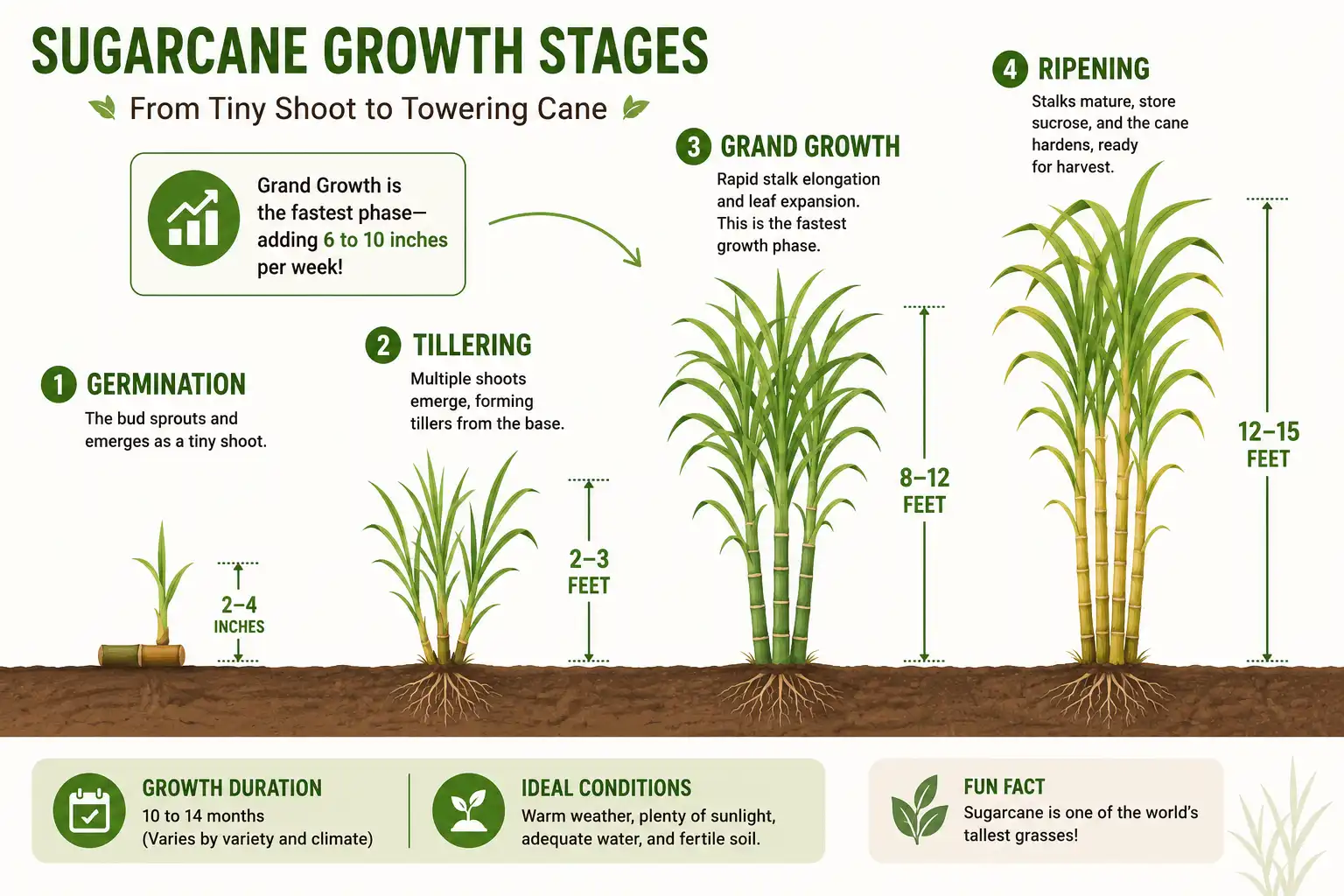 Infographic of sugarcane growth stages about most height gained during the grand growth phase at 6 to 10 inches per week.