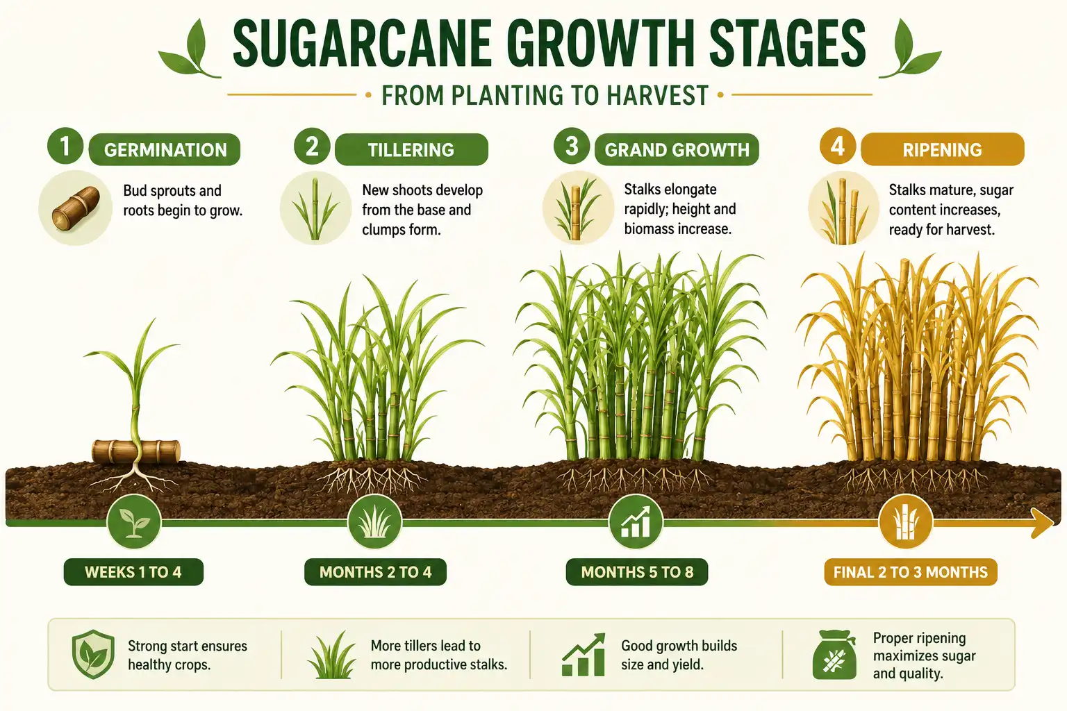 Sugarcane growth stages from germination and tillering through grand growth and ripening, with month ranges for each stage.