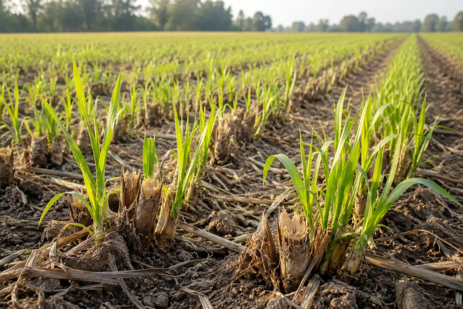 Young sugarcane shoots regrowing from stubble after the first harvest, showing how fast ratoon crops grow back.
