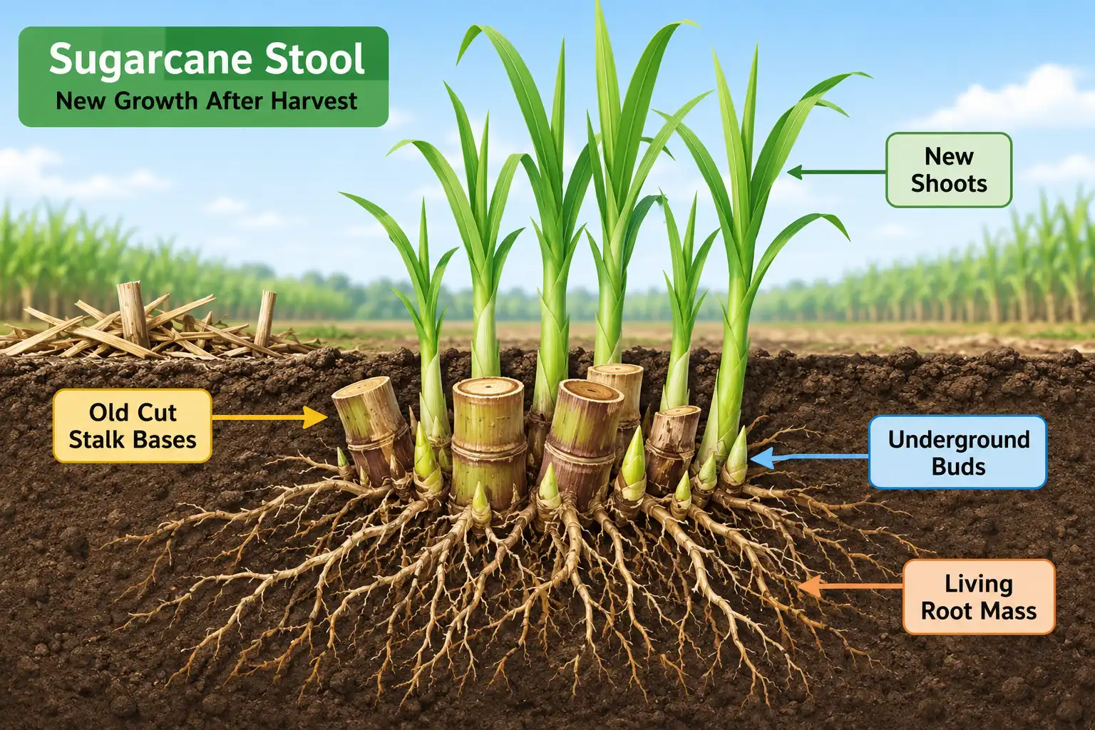 Cross section of sugarcane ratoon shoots growing from underground buds on the stool after harvest