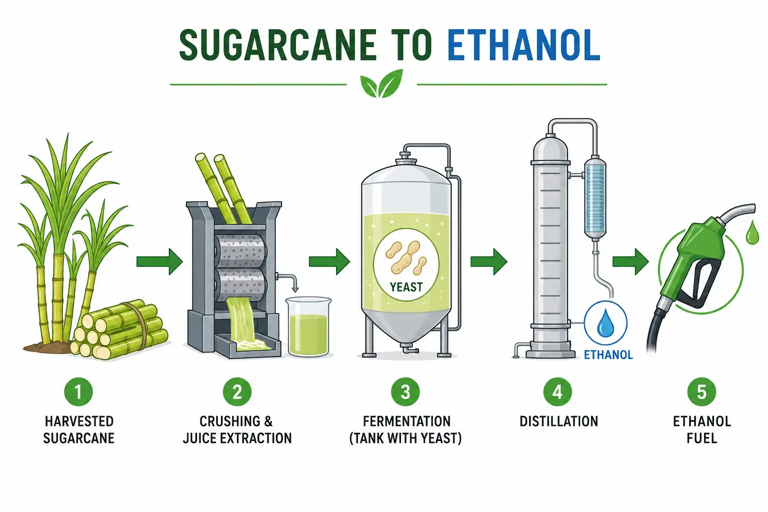 Diagram of how ethanol is made from sugarcane through crushing, fermentation, and distillation.