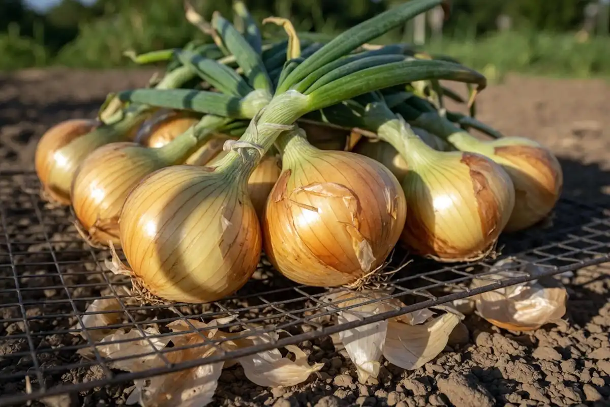 Large golden Sweet Spanish onions with green tops curing in the sun after harvest on a Kansas farm.