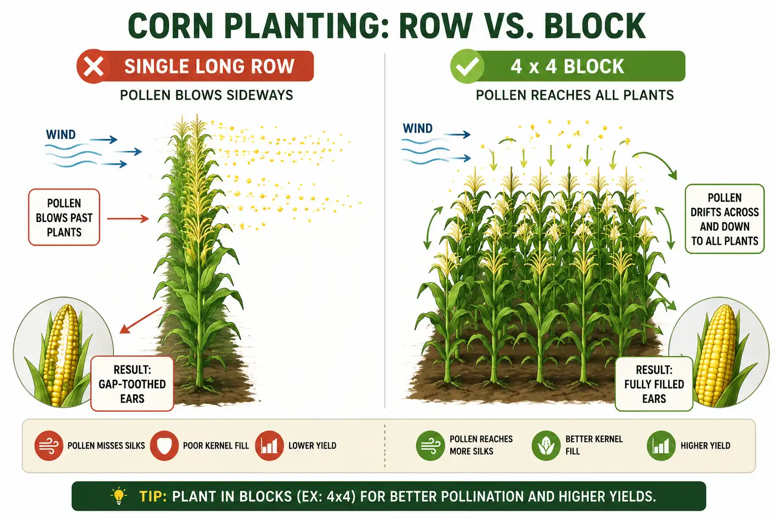 Diagram showing a 4 by 4 sweet corn block producing a full ear versus a single row producing a gap-toothed ear