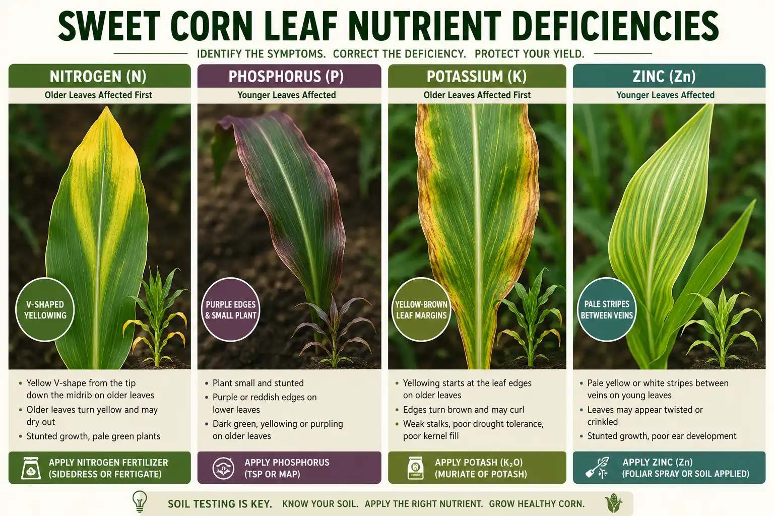 Chart of sweet corn leaf symptoms for nitrogen, phosphorus, potassium, and zinc deficiency to guide fertilizing decisions