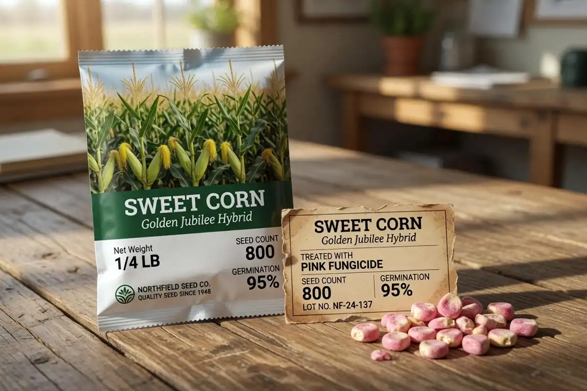 Sweet corn seed tag listing seed count and germination percent that explains buying seed by count