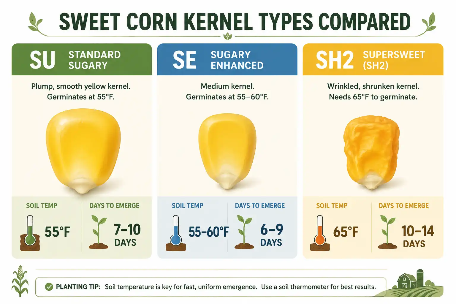 Comparison of standard, sugary enhanced, and supersweet corn seed types and the soil temperature each needs to germinate
