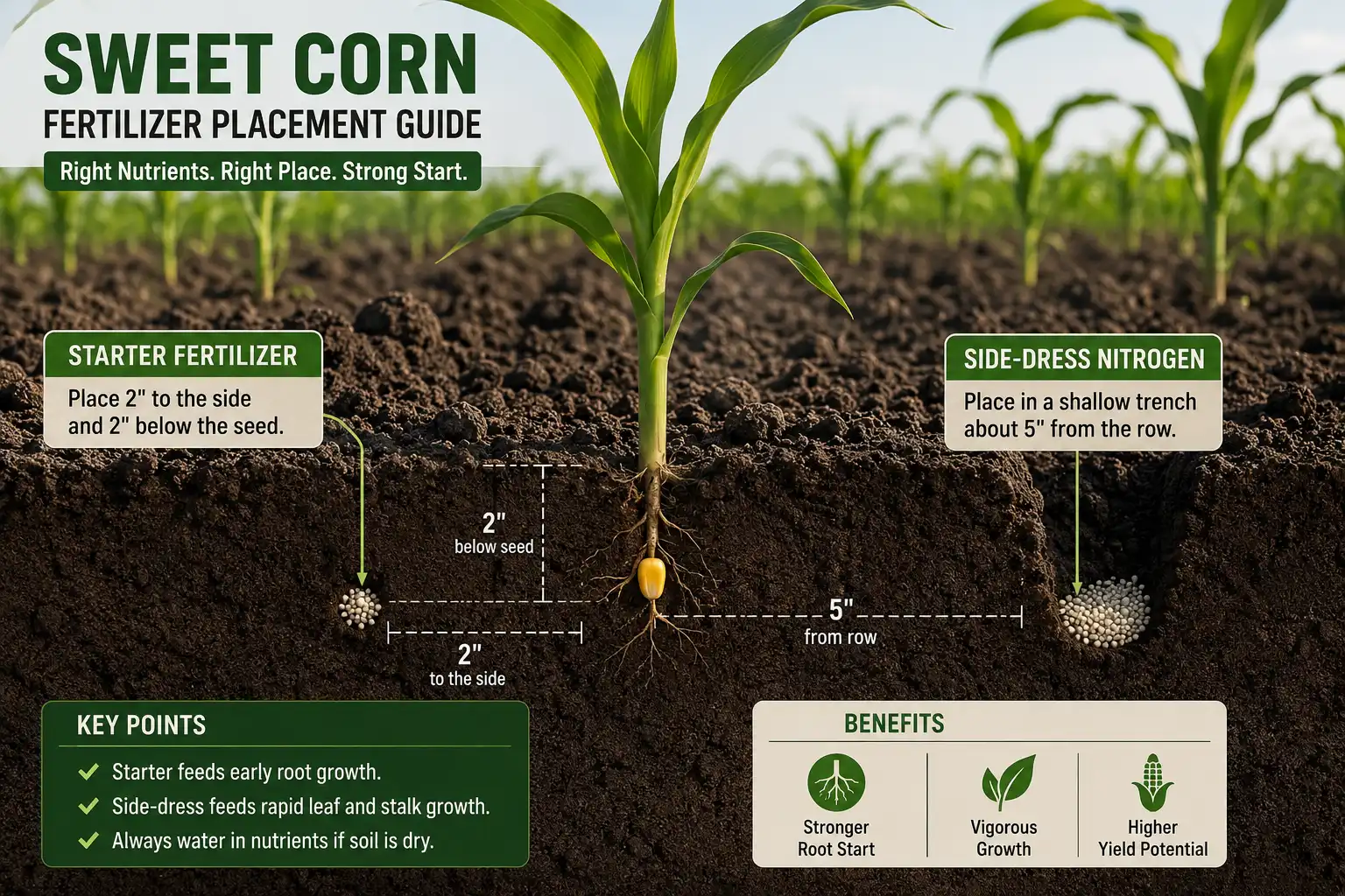 Diagram about where to band starter and side dress nitrogen when fertilizing sweet corn along the row
