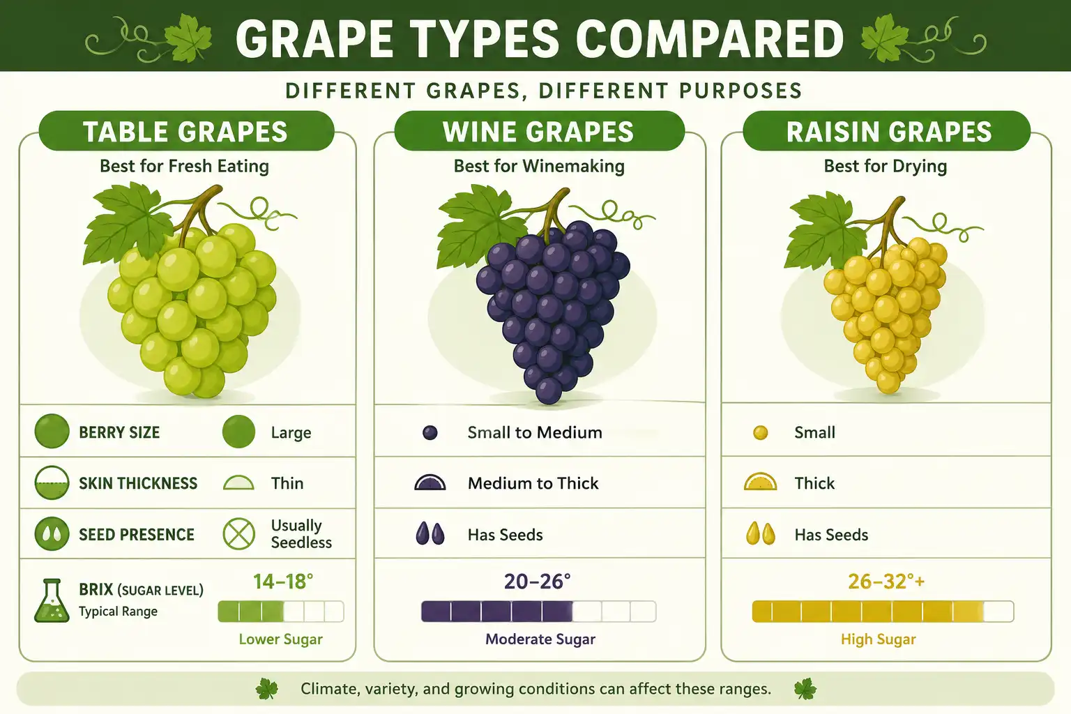 Comparison chart of table, wine, and raisin grapes by size, skin, seeds, and sugar