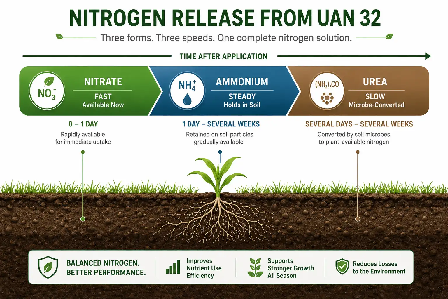 Nitrogen release timeline in 32-0-0 UAN of fast nitrate, steady ammonium, and slow urea