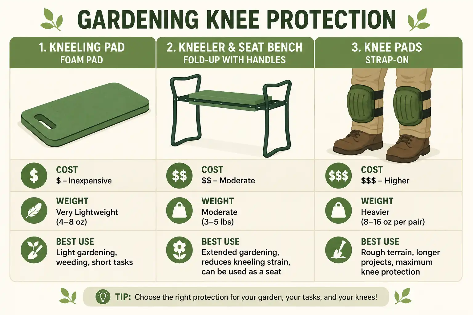 Infographic comparing kneeling pads, kneeler seat benches, and strap-on knee pads for gardening