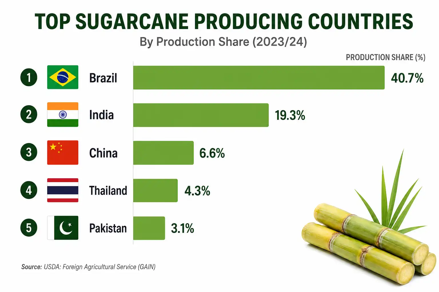 Bar chart of the top sugarcane producing countries, led by Brazil and India, then China, Thailand, and Pakistan.