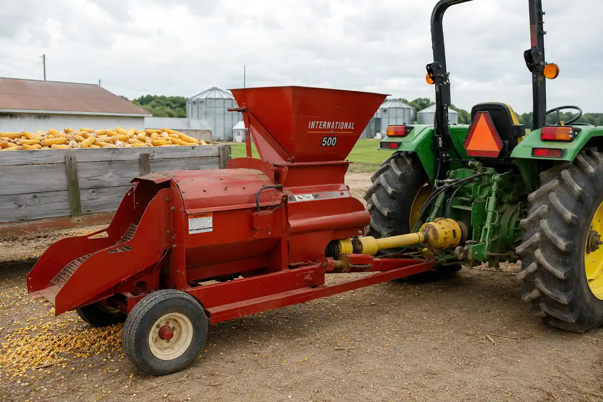 Tractor PTO corn sheller hitched to a tractor for large acreage