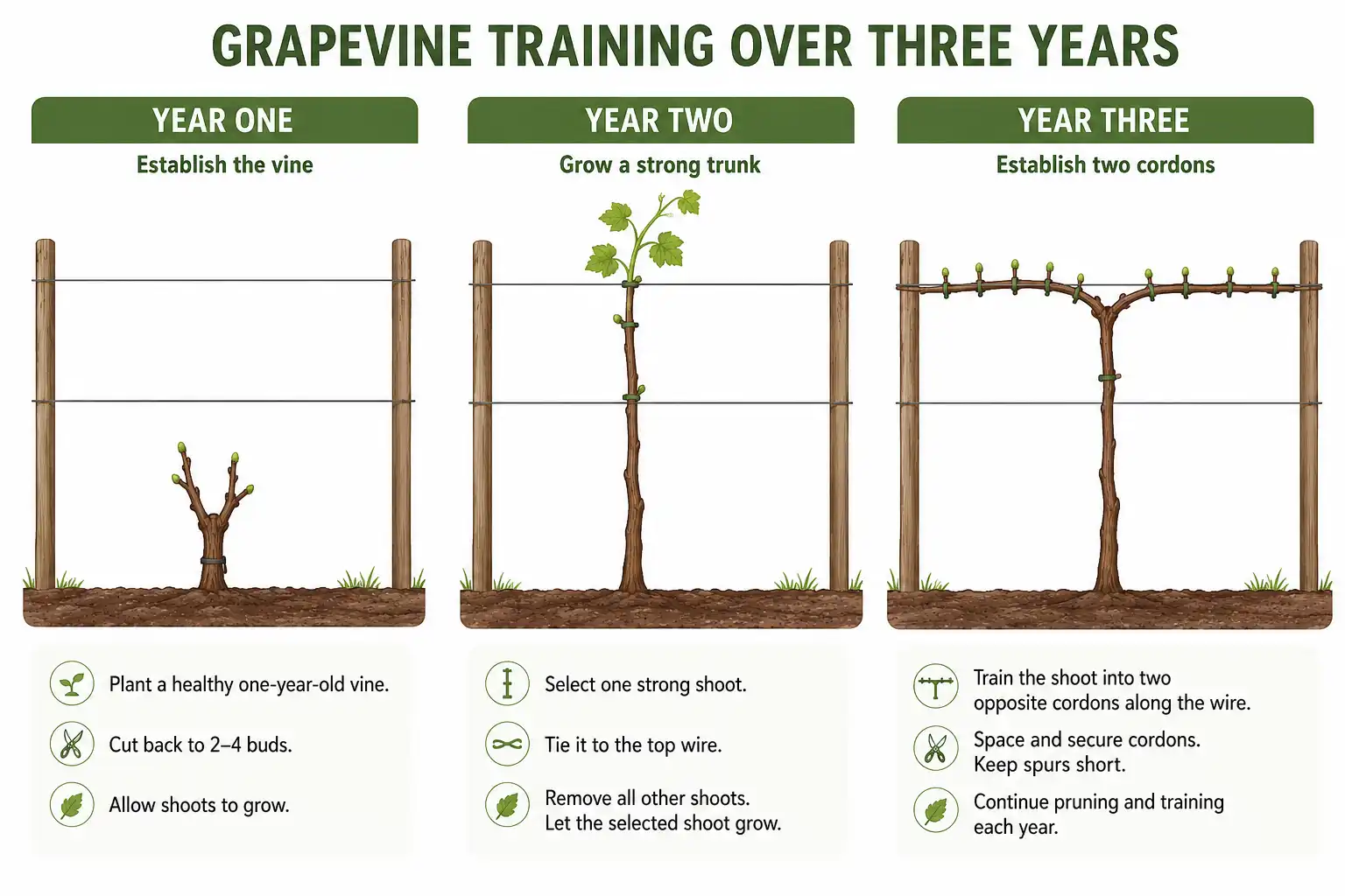Three-year grapevine training infographic showing trunk and cordon development from planting to production