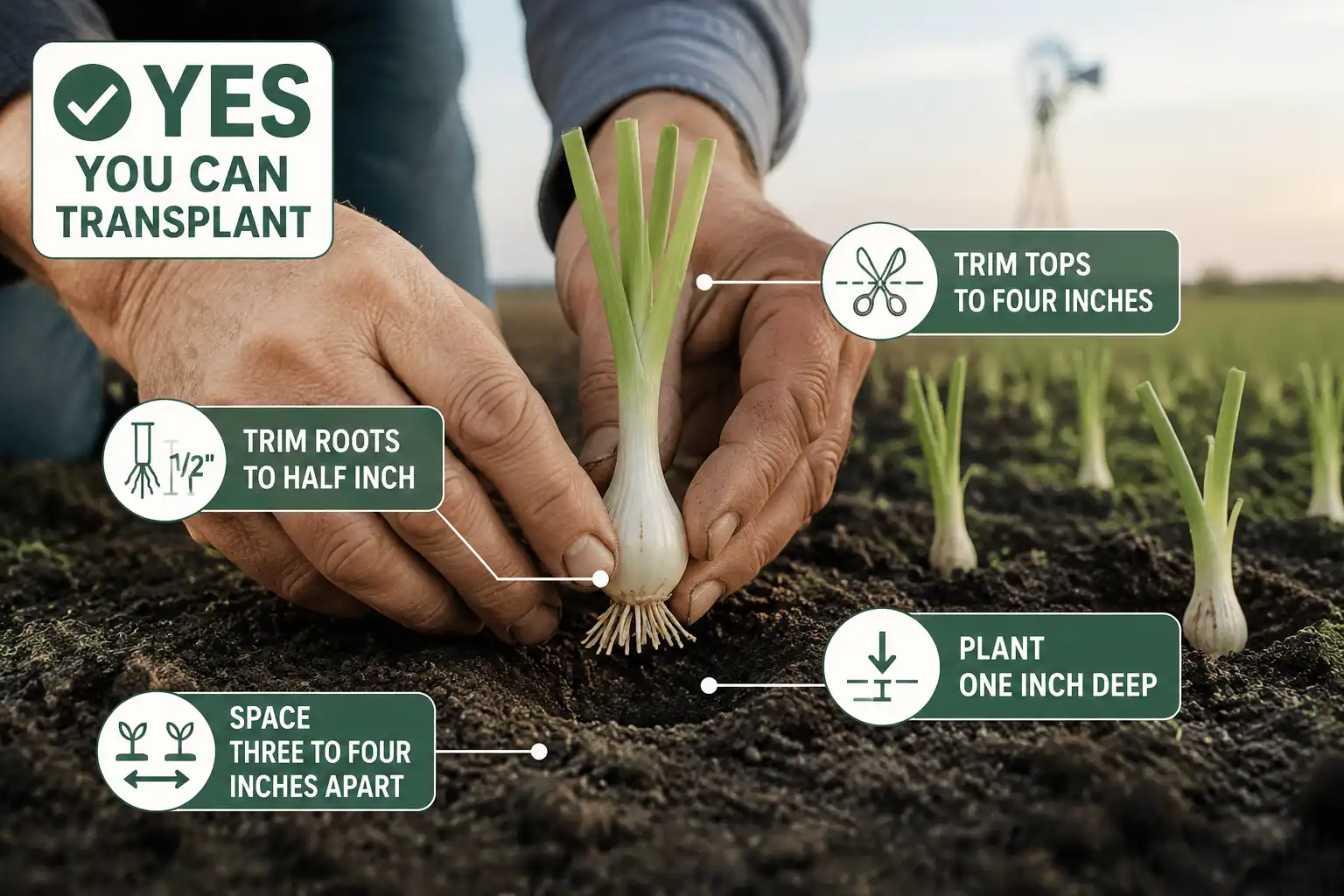 Infographic of that you can transplant onions by setting a trimmed seedling one inch deep and spaced a few inches apart.