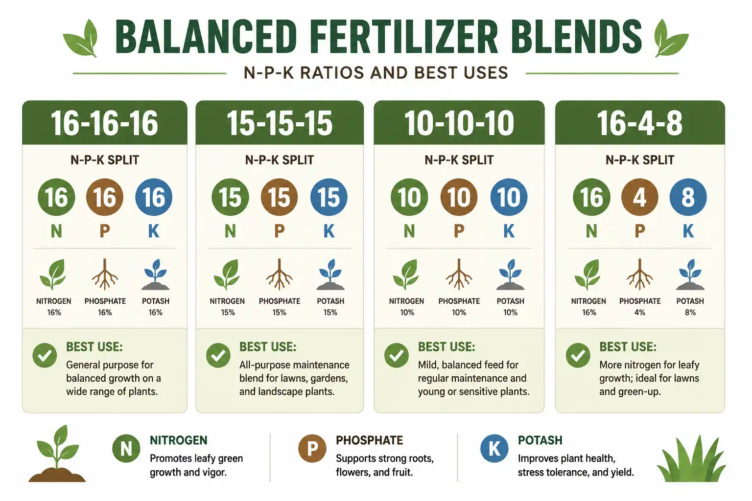 Comparison chart of 16-16-16 fertilizer versus 15-15-15, 10-10-10, and 16-4-8 blends and their best uses