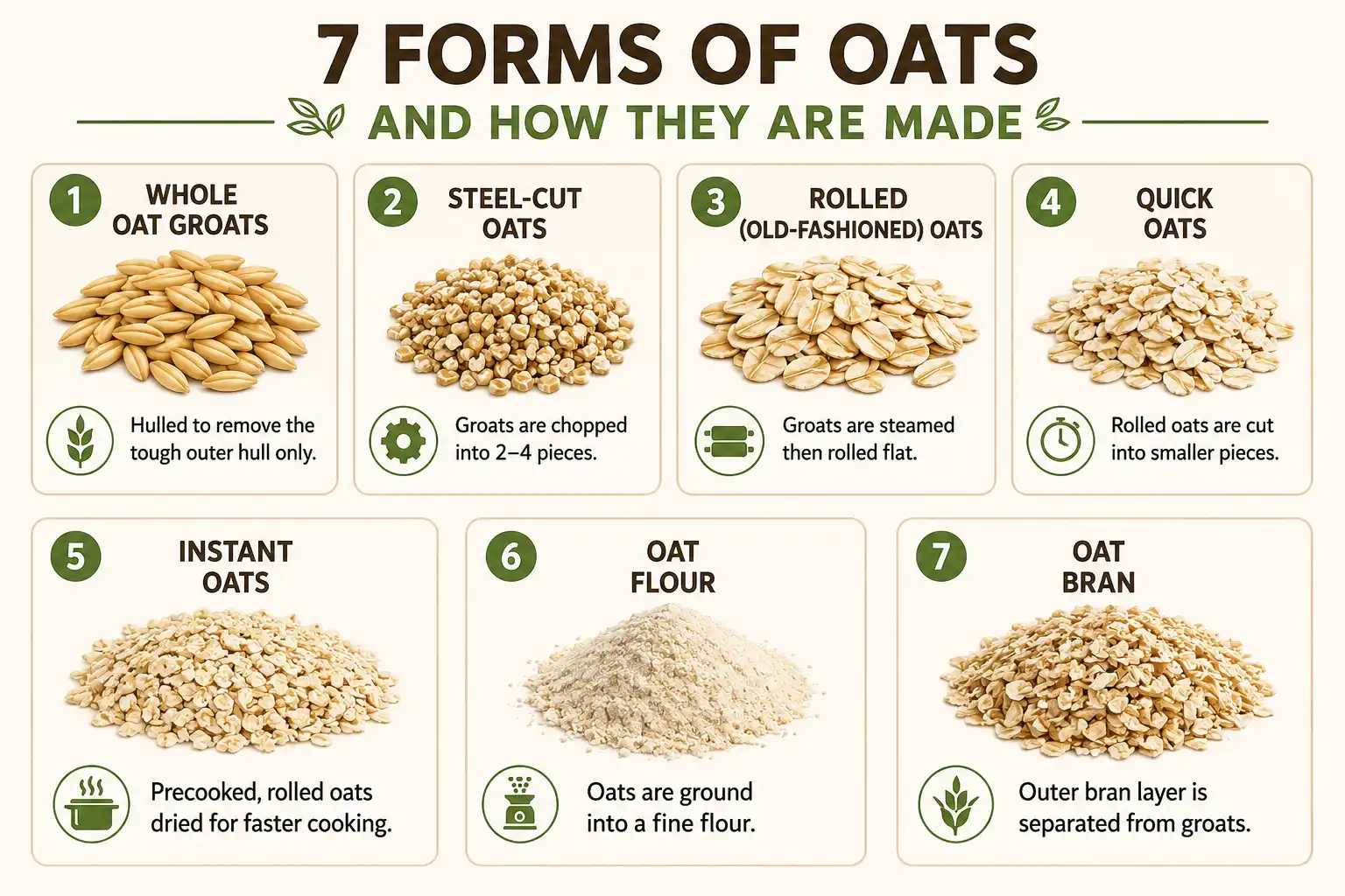 Comparison chart of oat types and how each is made, including groats, steel-cut, rolled, quick, instant, flour, and bran