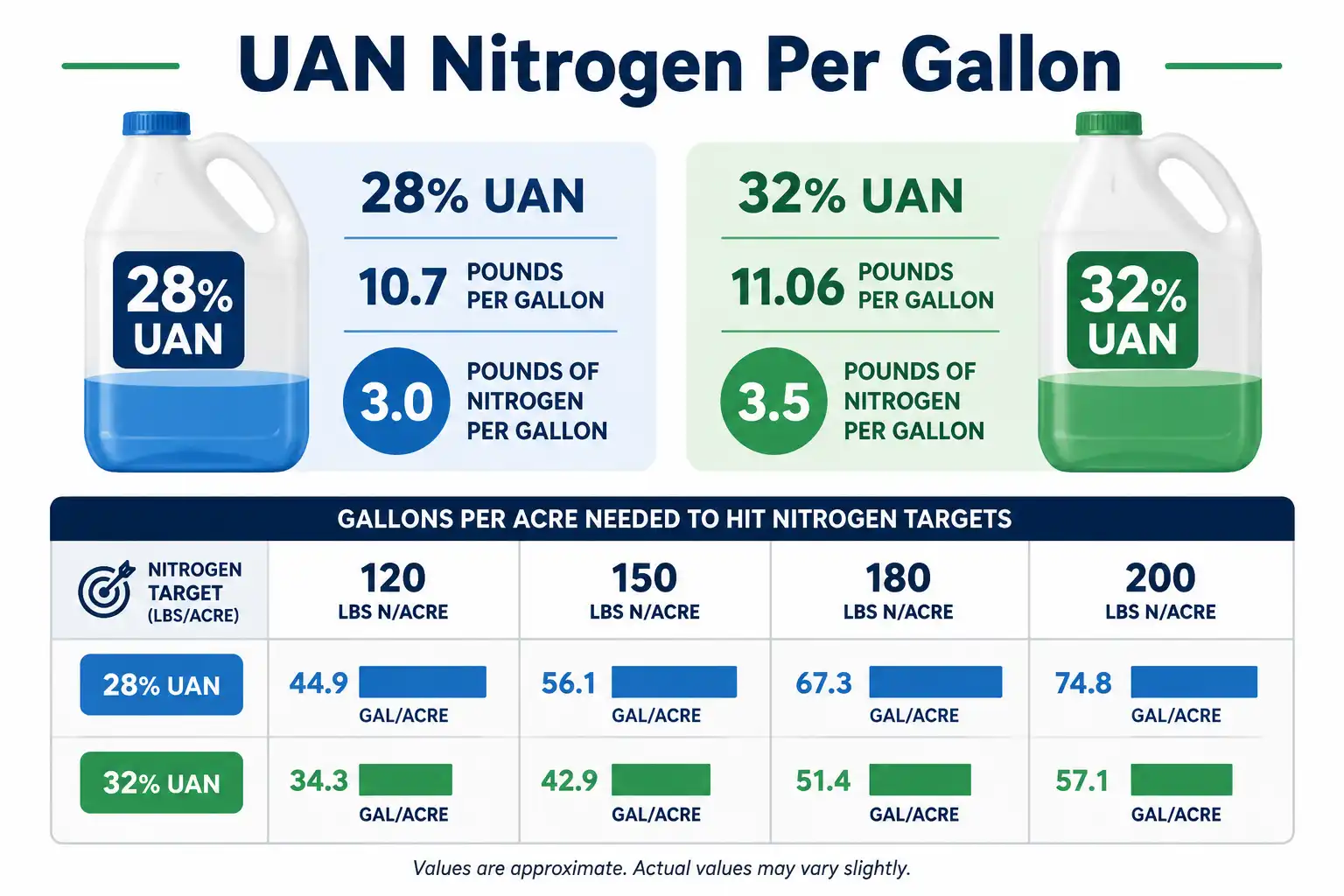 Infographic of converting gallons of 28% and 32% UAN per acre into pounds of nitrogen for corn