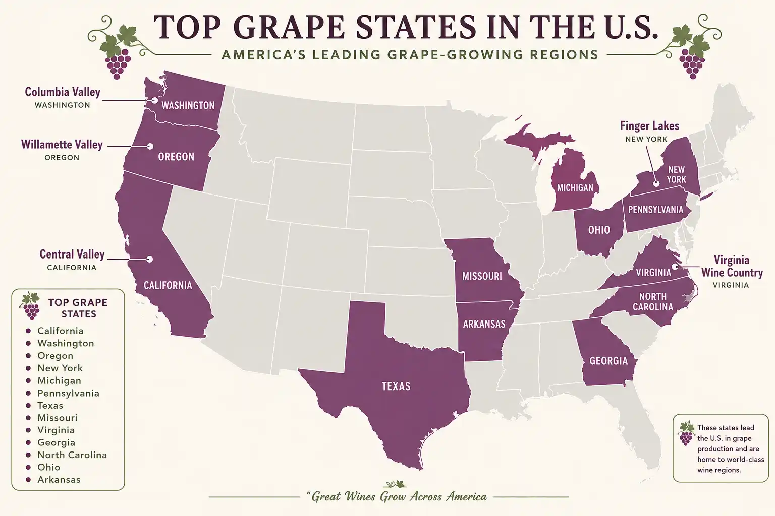 United States map infographic about the top grape growing states and named vineyard regions