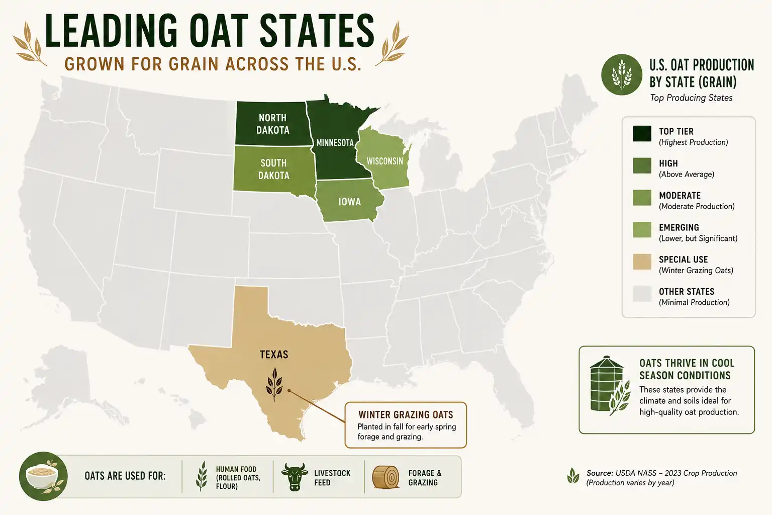 US map showing where oats are grown, led by North Dakota, Minnesota, Iowa, Wisconsin, and South Dakota