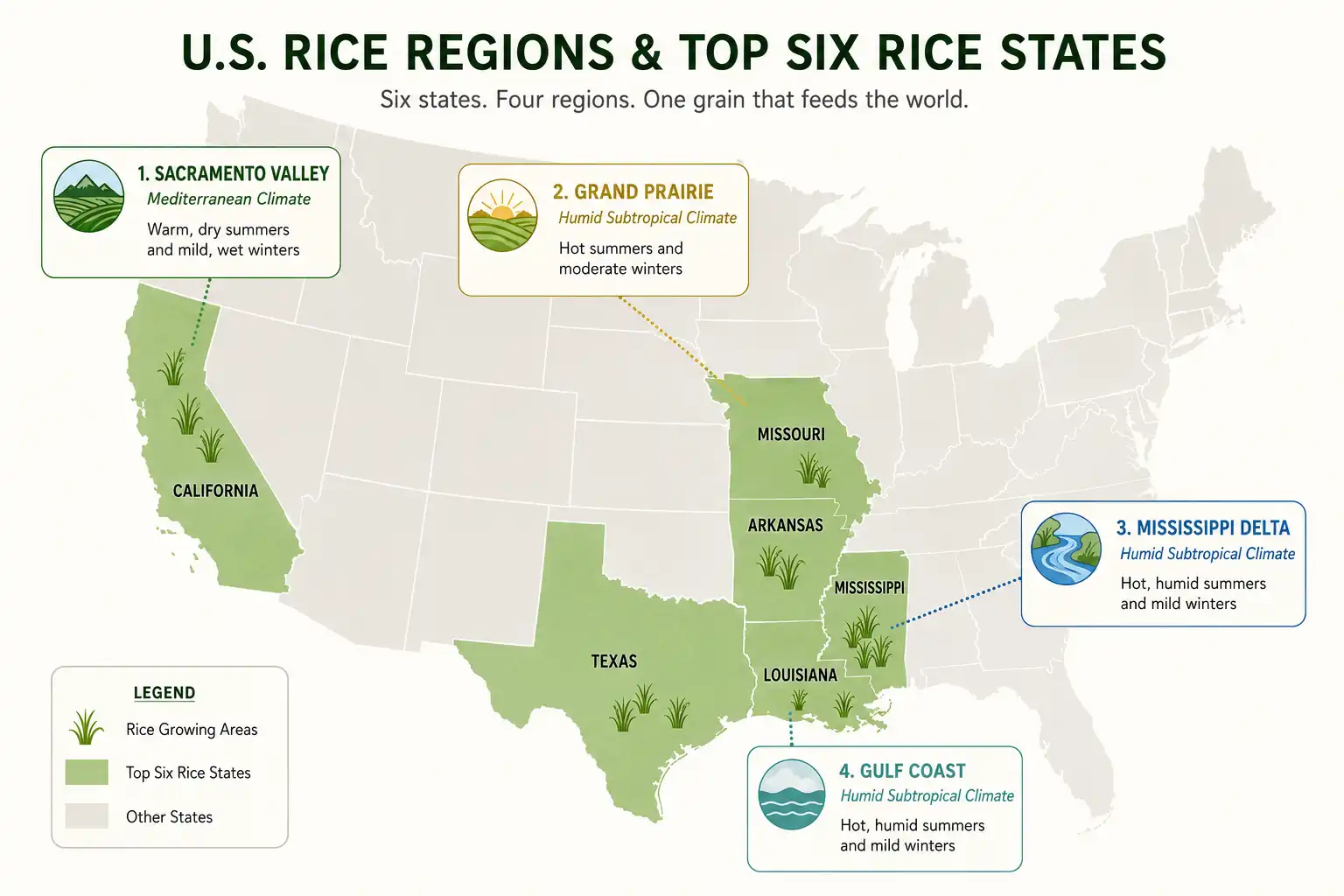 Map of US rice growing regions and their climates, including California, Arkansas, and the Gulf Coast