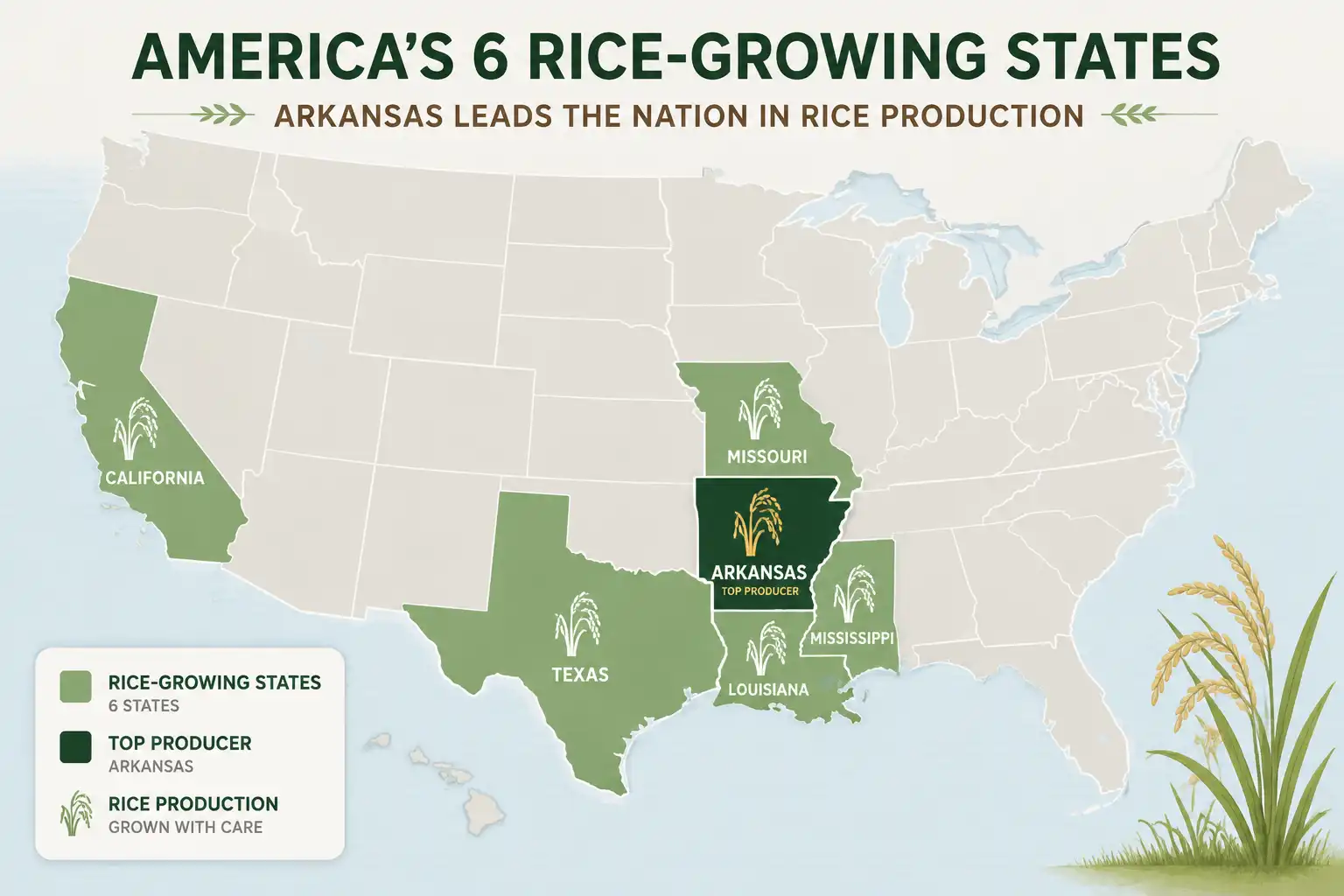 Map of the six US states where rice comes from, Arkansas, California, Louisiana, Mississippi, Missouri, and Texas