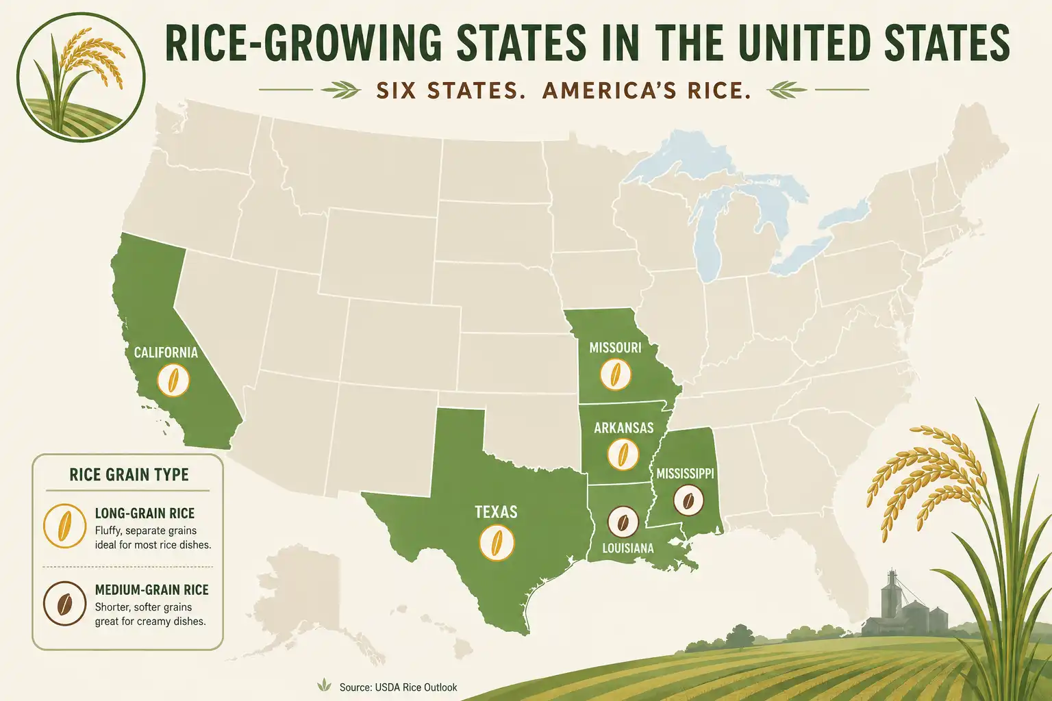 Map of the six main rice growing states in the US with long and medium grain regions marked