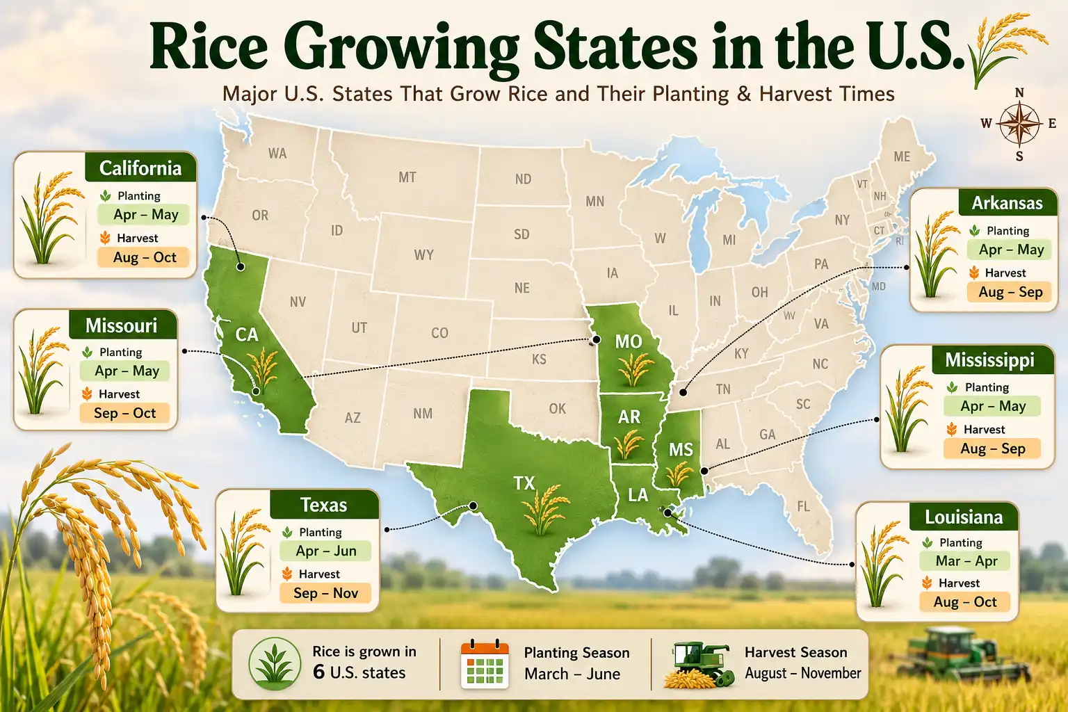 Map of US rice states of planting and harvest months for Arkansas, California, Louisiana, Mississippi, Missouri, and Texas