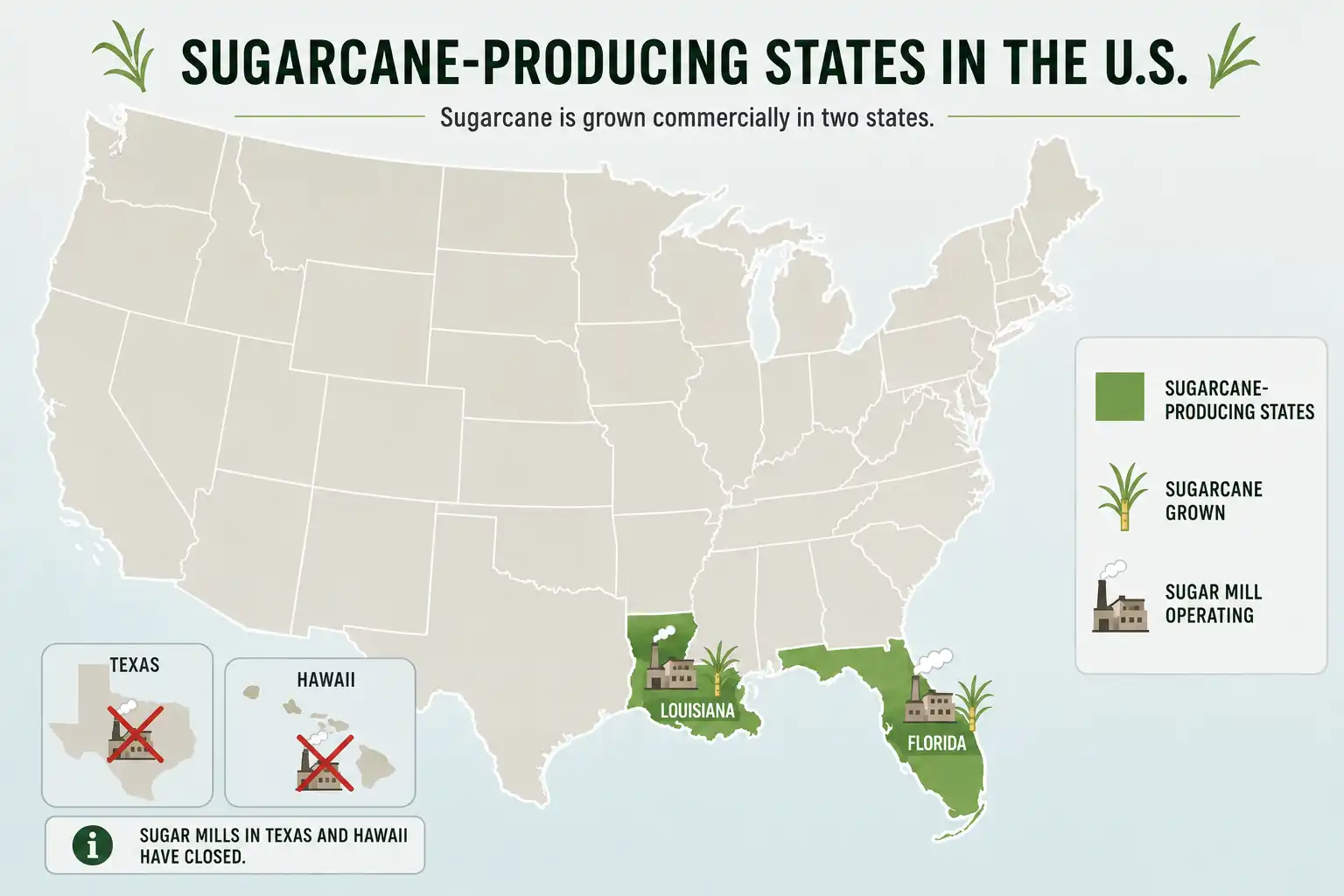 Map of United States sugarcane production highlighting Florida and Louisiana as the two current cane-growing states.
