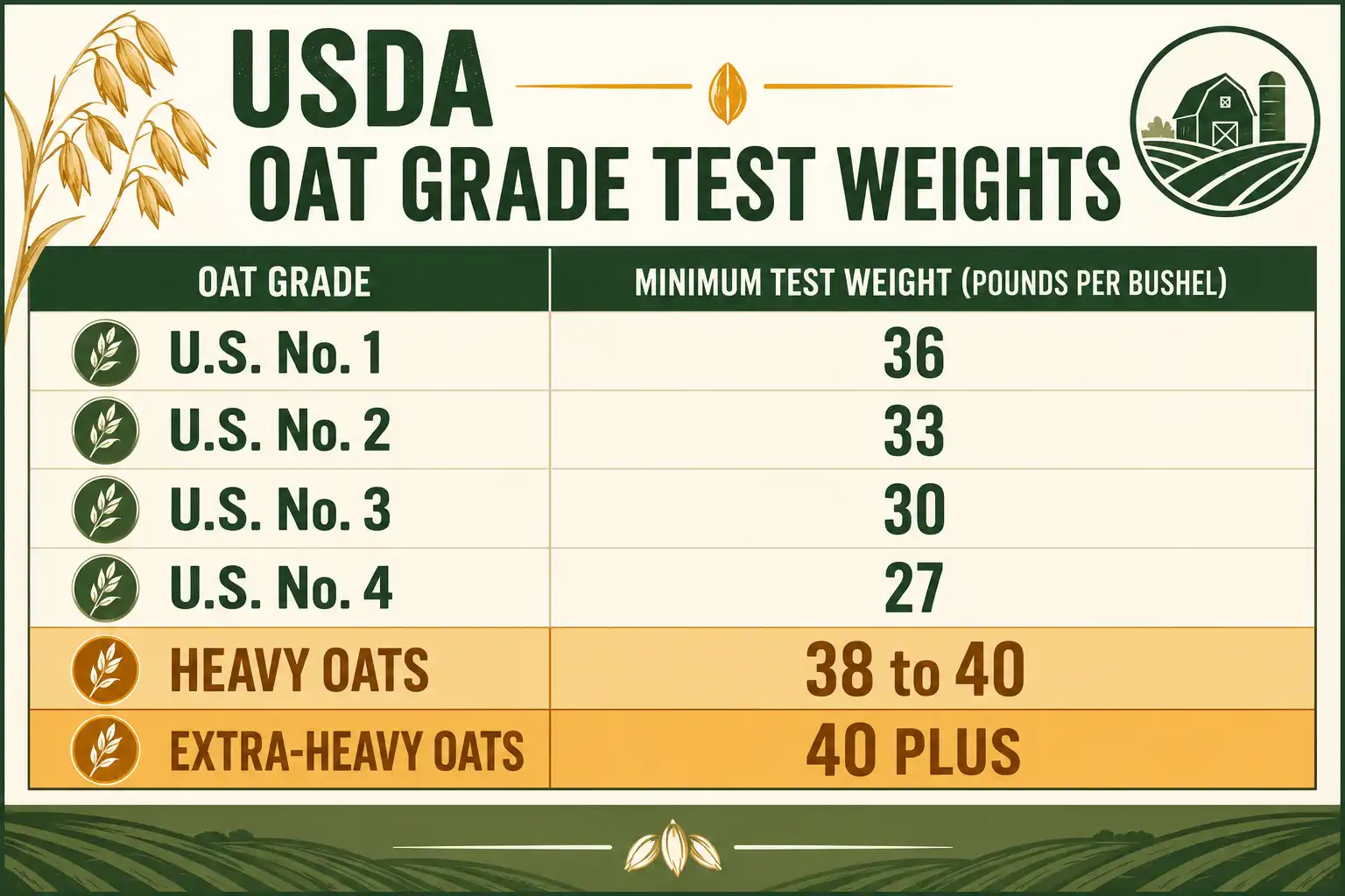 Chart of USDA oat grade minimum test weights from No. 1 at 36 pounds down to No. 4 at 27 pounds.