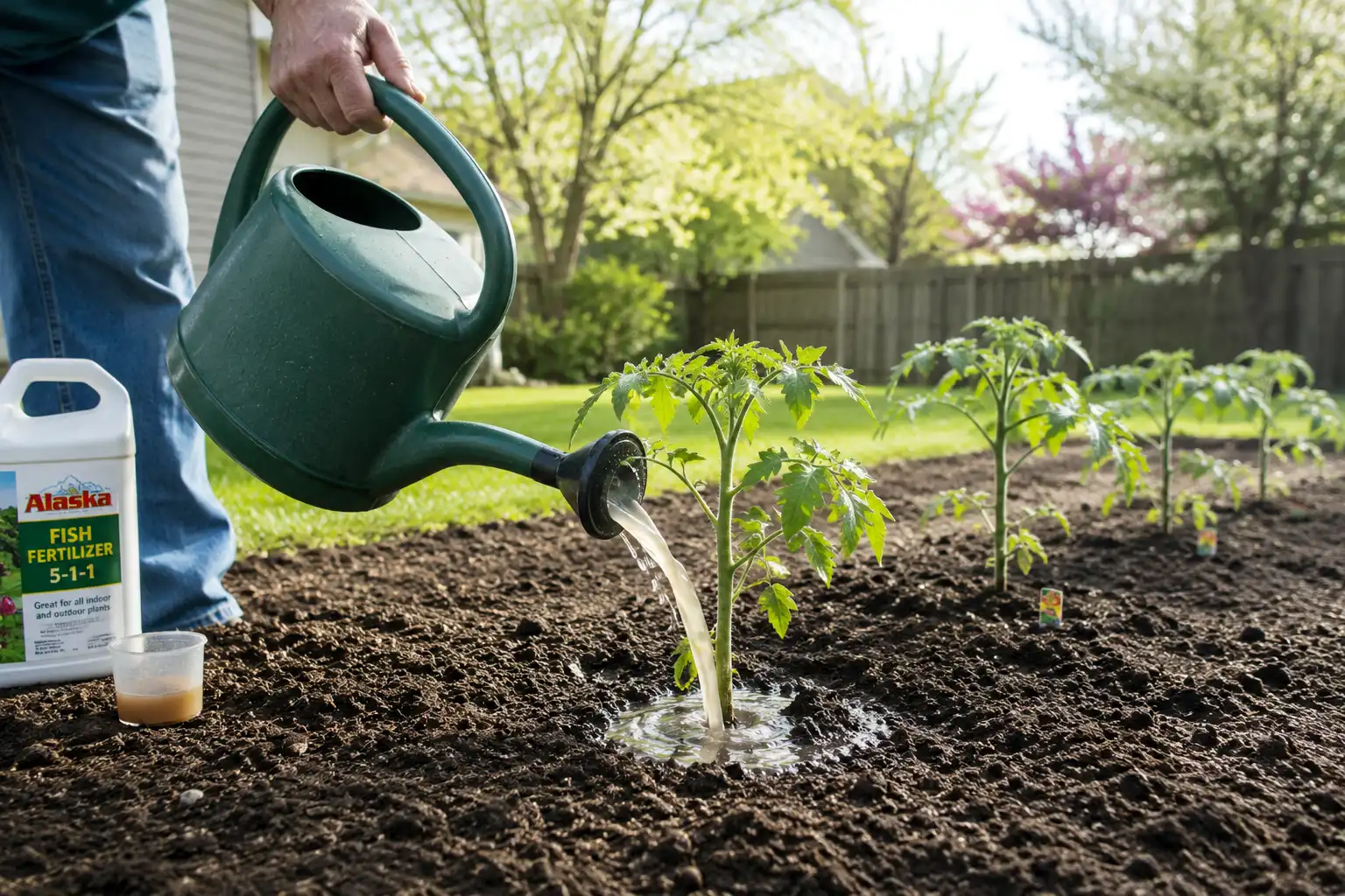 Gardener applying diluted 10-52-10 fertilizer as a starter solution to a young tomato transplant at planting time