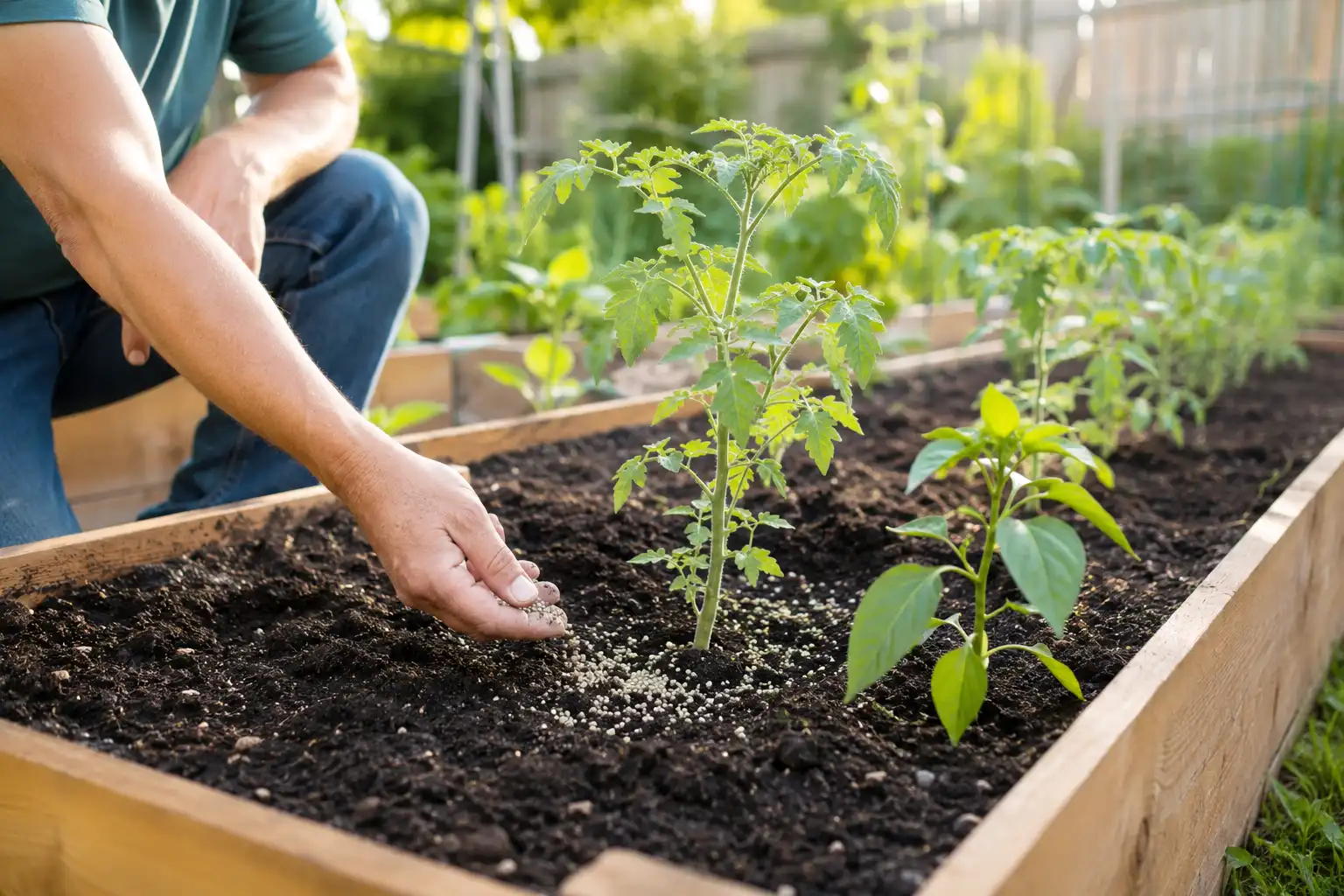 Applying 11-52-0 fertilizer to tomato and pepper transplants in a raised garden bed