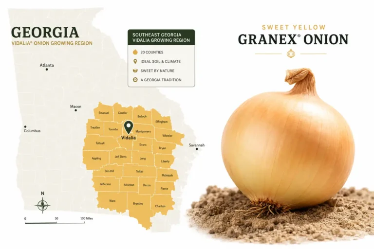 Vidalia onions are grown across 20 counties in southeast Georgia beside a sweet Granex onion