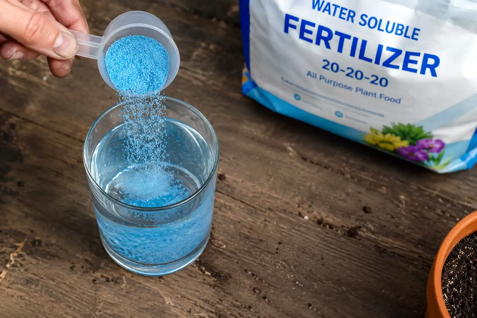 10-52-10 fertilizer powder dissolving in a glass of water, its high-phosphorus water-soluble form