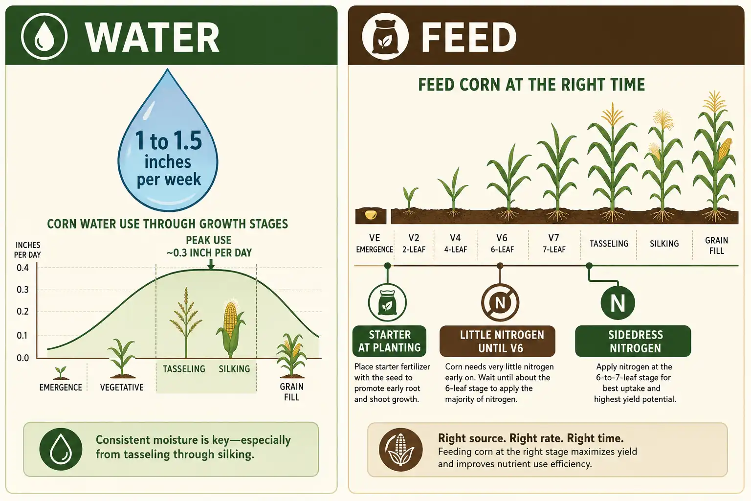 Infographic on watering and feeding corn, 1 to 1.5 inches of water weekly and nitrogen timing from starter to sidedress
