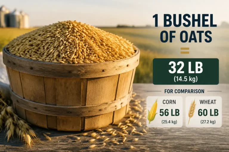 Infographic of a bushel of oats weighs 32 pounds next to corn at 56 and wheat at 60.