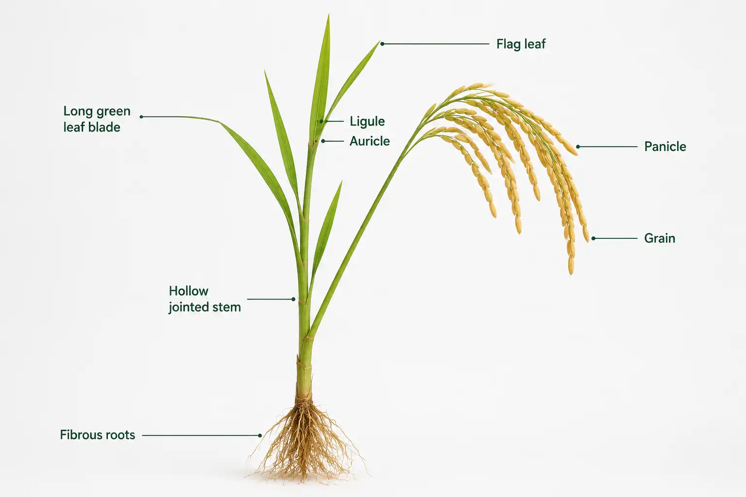 Rice plant looks like, from fibrous roots and a hollow stem to green leaves and a golden grain head