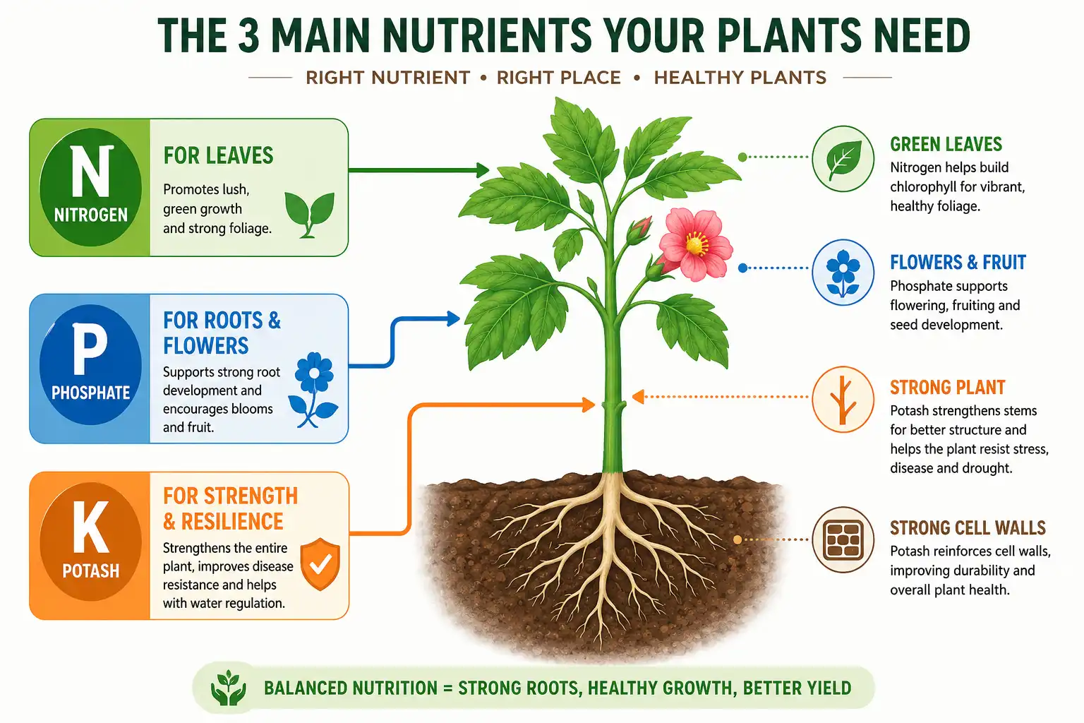 Diagram about how nitrogen, phosphate, and potash in 16-16-16 fertilizer feed leaves, roots, and plant vigor