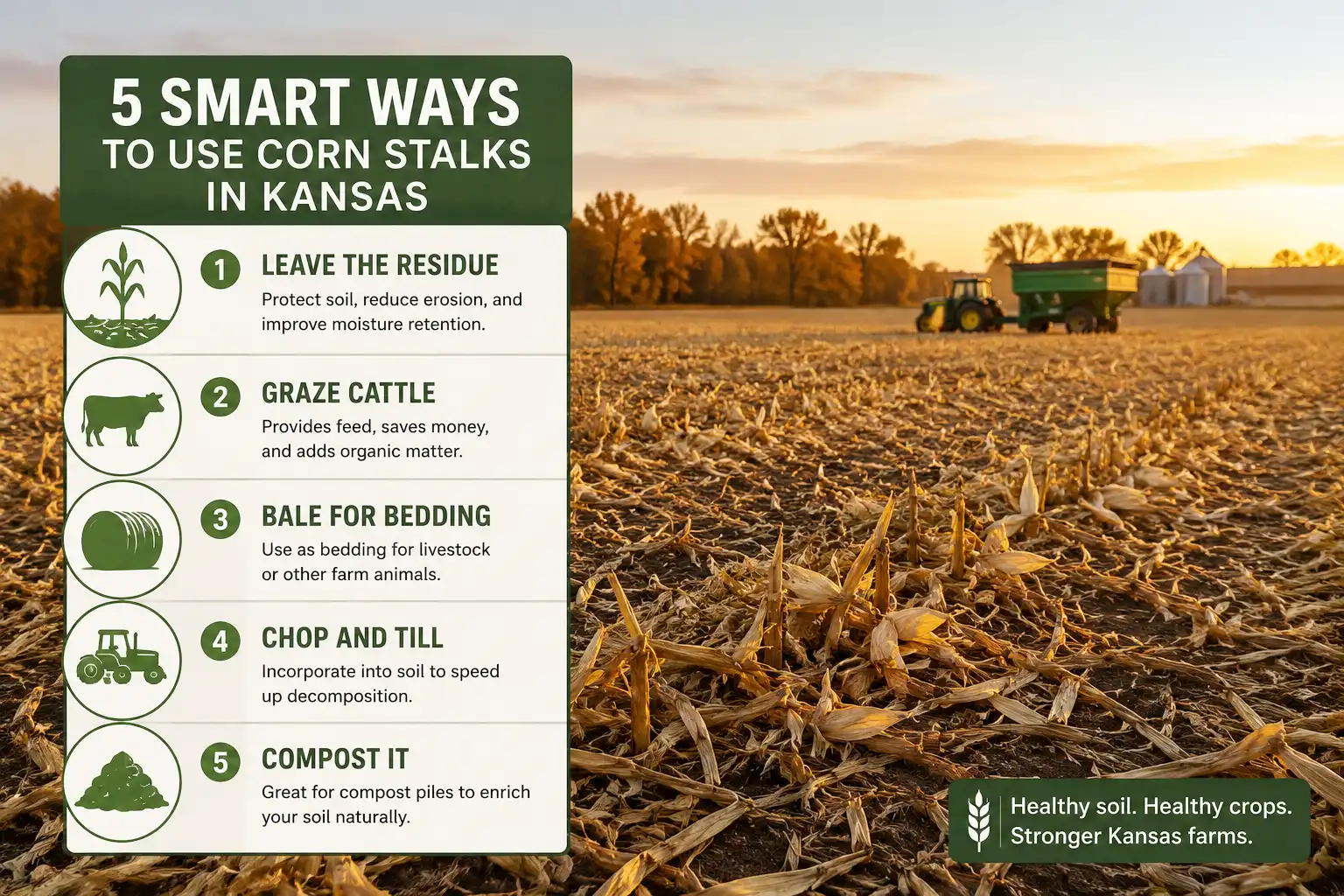 Corn stalk after harvest management options over a harvested Kansas field