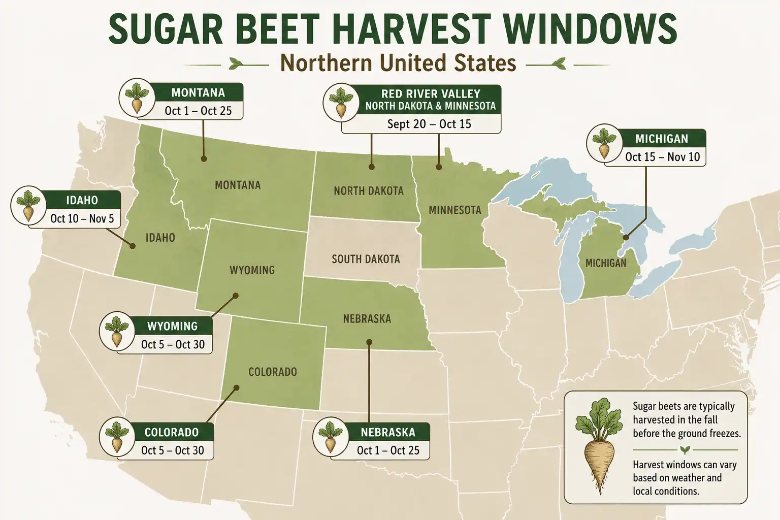 Map about US sugar beet regions and their typical fall harvest windows