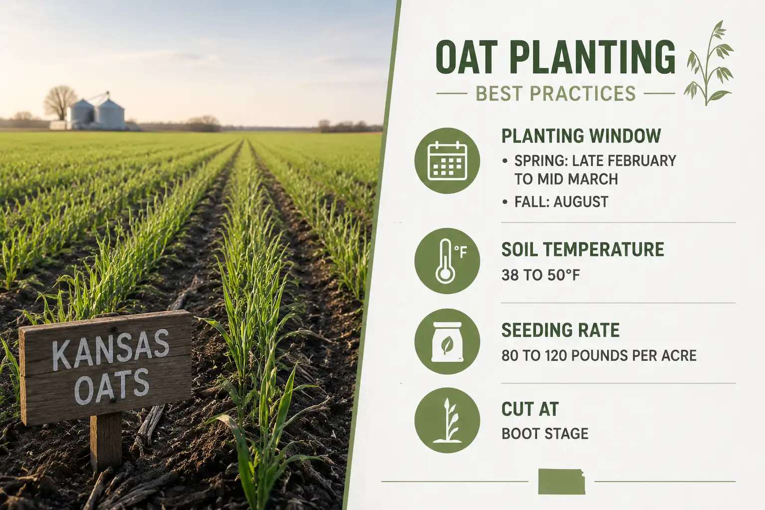 Infographic about when to plant oats for hay, with spring and fall seeding windows, soil temperature, and seeding rate over a Kansas oat field