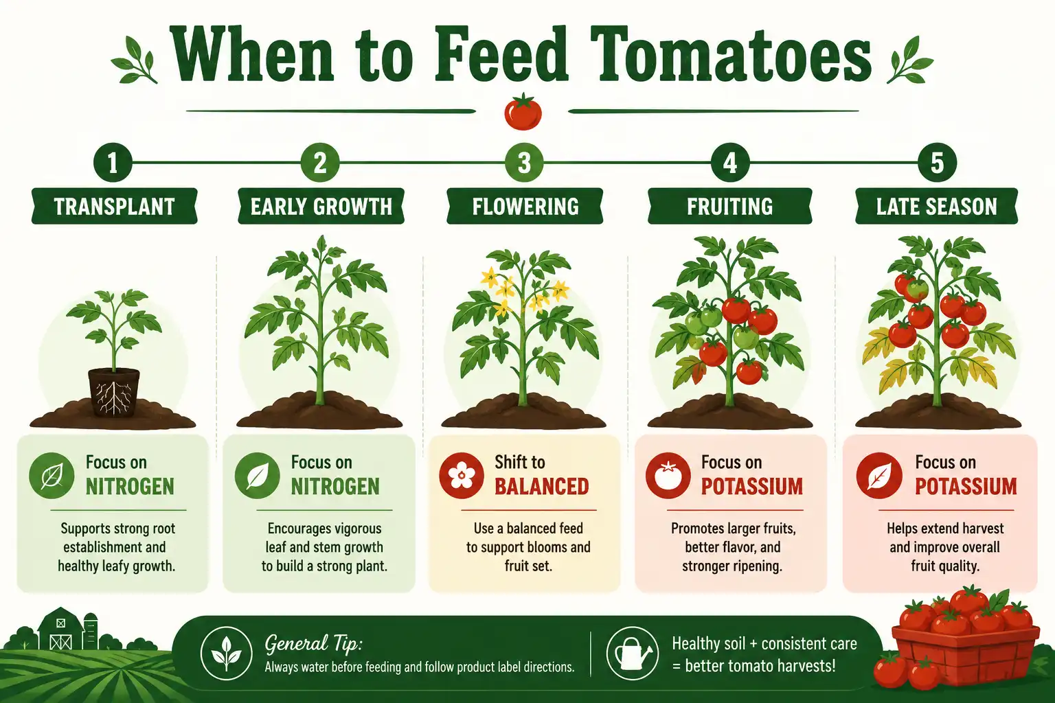 Timeline infographic of when to fertilize tomatoes at transplant, flowering, and fruiting stages
