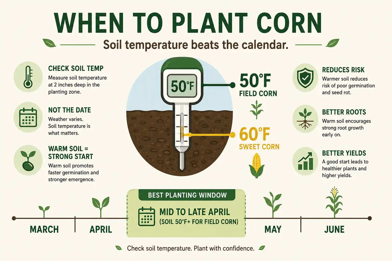 Infographic about when to plant corn, with 50°F soil for field corn, 60°F for sweet corn, and a spring planting window