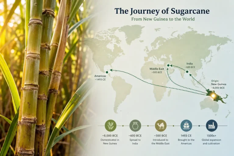 Infographic about where did sugarcane originate, with New Guinea marked as the origin and arrows spreading to India, the Middle East, and the Americas.