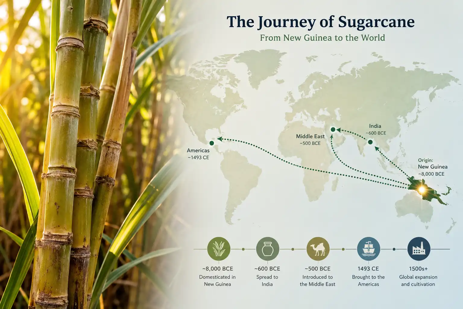 Infographic about where did sugarcane originate, with New Guinea marked as the origin and arrows spreading to India, the Middle East, and the Americas.